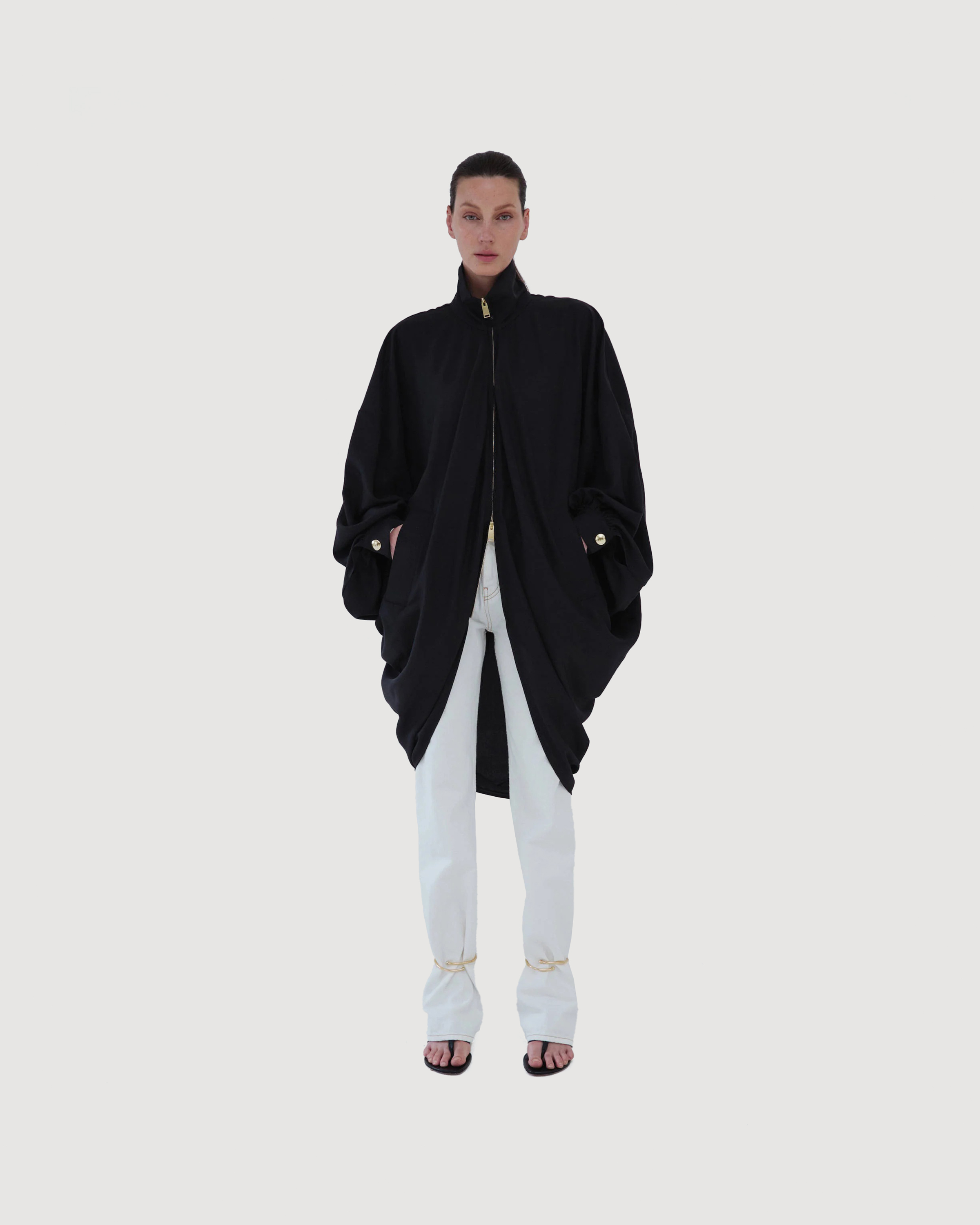 Bomber jacket with draped sleeves